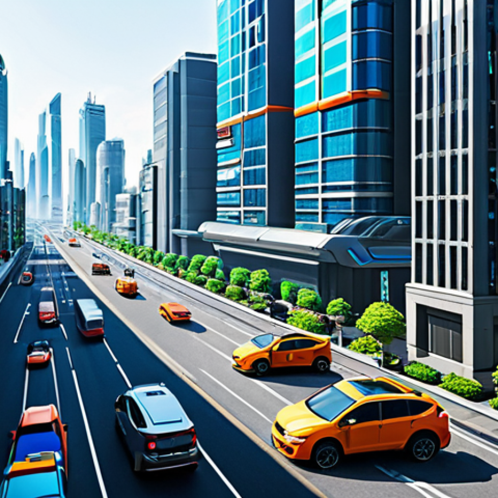 Daedo Cityscape**

"A vibrant, futuristic cityscape of Daedo City during the daytime, featuring sleek skyscrapers and bustling streets with colorful vehicles. In the distance, the Tobots stand guard on a rooftop, overlooking the city. Safe for work, appropriate content, fully clothed, professional concept art, detailed environment, bright and cheerful."

**