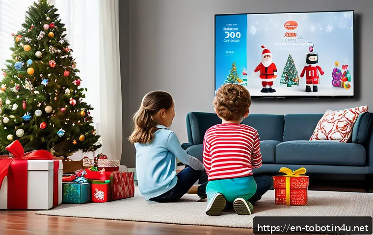 또봇 장난감 할인 정보 - A vibrant holiday-themed online shopping scene featuring a diverse family browsing a large touchscre...