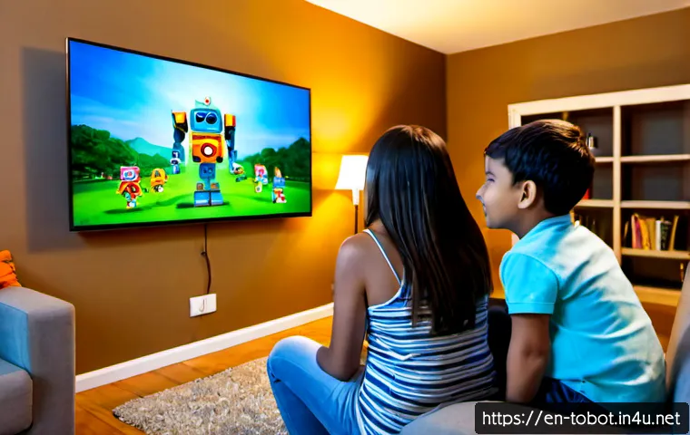 Home 17 또봇 에피소드별 인기 투표 결과 - Photorealistic family living room scene, diverse children and parents viewing a large screen display...