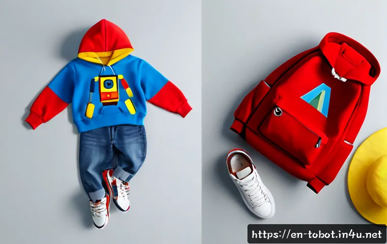 또봇 관련 패션 상품 - Photorealistic children’s fashion flat lay featuring a bold robot-inspired red, blue, and yellow hoo...