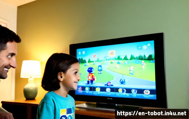 Home 17 또봇 시청률 통계 - Photorealistic family living room, a cheerful child watching a colorful generic transforming robot c...